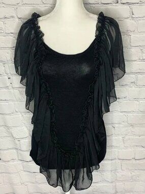 Thesis Y2K Black Chiffon Ruffle Off-Shoulder Flutter Sleeve Top Small